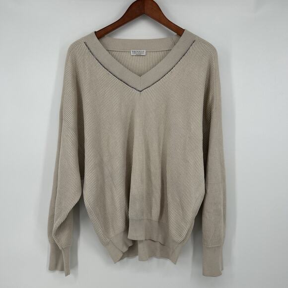 Brunello Cucinelli Monili Trim V Neck Cotton Rib Sweater Womens Size XL Beige - Picture 1 of 11